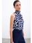 Boğazlı Kolsuz Bluz - Bej-Lacivert 1