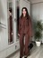 Kadın Acı Kahve Bel Kuşaklı Kimono ve Pantolon Ikili Takım Krinkıl Kumaş Tiril Alt Üst Takım 1