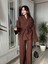 Kadın Acı Kahve Bel Kuşaklı Kimono ve Pantolon Ikili Takım Krinkıl Kumaş Tiril Alt Üst Takım 2