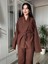 Kadın Acı Kahve Bel Kuşaklı Kimono ve Pantolon Ikili Takım Krinkıl Kumaş Tiril Alt Üst Takım 5