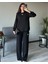 Kadın Siyah Broş Detaylı Oys Premium Pamuklu Modal Kumaş Tunik Sweatshirt ve Pantolon Alt Üst Takım Lüx Ikili Takım 1