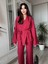 Kadın Bordo Bel Kuşaklı Kimono ve Pantolon Ikili Takım Krinkıl Kumaş Tiril Alt Üst Takım 2
