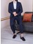 Erkek Slim Fit Sivri Yaka Lacivert Çizgili Yelekli Takım Elbise 1