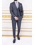 Erkek Slim Fit Sivri Yaka Füme Ekose Yelekli Kombin Takım Elbise 1