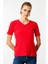 Kadın V Yaka Kaşkorse Pamuk T-Shirt Kırmızı 1