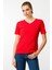 Kadın V Yaka Kaşkorse Pamuk T-Shirt Kırmızı 5
