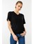 Kadın V Yaka Kısa Kollu Penye T-Shirt Siyah 1