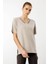 Kadın Açma Yaka Dantel Çiçek Işlemeli Penye T-Shirt Bej 3