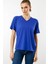 Kadın V Yaka Kısa Kollu Penye T-Shirt Saks 1