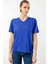 Kadın V Yaka Kısa Kollu Penye T-Shirt Saks 2