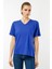 Kadın V Yaka Kısa Kollu Penye T-Shirt Saks 3