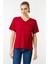 Kadın V Yaka Kısa Kollu Penye T-Shirt Bordo 2