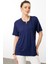 Kadın Açma Yaka Dantel Çiçek Işlemeli Penye T-Shirt Lacivert 1