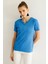 Kadın Açma Yaka Boncuk Işlemeli T-Shirt Mavi 4