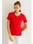 Kadın Açma Yaka Boncuk İşlemeli Pamuklu T-Shirt Kırmızı 4