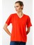 Kadın V Yaka Kısa Kollu Penye T-Shirt Oranj 1