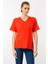 Kadın V Yaka Kısa Kollu Penye T-Shirt Oranj 3