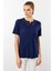 Kadın Açma Yaka Nakış Işlemeli Penye T-Shirt Lacivert 4