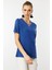 Kadın Yakası Yırtmaçlı ve Işlemeli T-Shirt Indigo 3