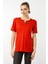 Kadın Açma Yaka Nakış Işlemeli Penye T-Shirt Oranj 1