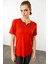 Kadın Açma Yaka Nakış Işlemeli Penye T-Shirt Oranj 3