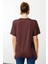 Kadın Sıfır Yaka Taş Baskılı Penye T-Shirt Kahve 4