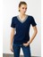 Kadın V Yaka Yakası Nakış Işlemeli Pamuklu T-Shirt Lacivert 4