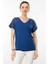 Kadın V Yaka Omuzları Taş Baskılı Penye T-Shirt Lacivert 2