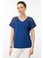 Kadın V Yaka Omuzları Taş Baskılı Penye T-Shirt Lacivert 4
