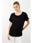 Kadın Sıfır Yaka Önü Cepli Penye T-Shirt Siyah 5