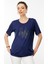 Kadın Sıfır Yaka Taş Baskılı Penye T-Shirt Lacivert 1
