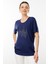 Kadın Sıfır Yaka Taş Baskılı Penye T-Shirt Lacivert 4