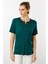 Kadın Açma Yaka Nakış Işlemeli Penye T-Shirt Yeşil 4