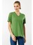 Kadın V Yaka Flamlı Kumaş Basic Tshirt A.yeşil 5