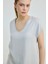 V Yaka Önü Saten Tshirt - Taş 3