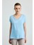 V Yaka Önü Saten Tshirt - Mavi 1