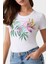 Cn Ss Leaf Streç Pamuklu Desenli ve Taş Detaylı Bisiklet Yaka T Shirt W5GI07J1314 Bayan T Shirt W5GI07 J1314 G011 1