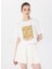 D5SL-TST3641 Kırık Beyaz Bisiklet Yaka Crop Baskılı Kadın T-Shirt 1