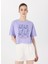 D5SL-TST3641 Lila Bisiklet Yaka Crop Baskılı Kadın T-Shirt 3