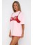 Dantel Bralet Baskılı Pembe Oversize %100 Pamuk Kadın T-Shirt 1