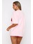Dantel Bralet Baskılı Pembe Oversize %100 Pamuk Kadın T-Shirt 2