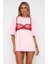 Dantel Bralet Baskılı Pembe Oversize %100 Pamuk Kadın T-Shirt 5