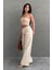 Bej Beli Büzgülü Wide Leg Kumaş Pantolon MG1950 1