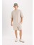 Loose Fit Bisiklet Yaka Kısa Kollu Ağır Kumaş Basic Düz Tişört Kum 1