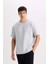 Oversize Geniş Kalıp Bisiklet Yaka Basic Düz Kısa Kollu Ağır Kumaş Tişört Lt.grey 1