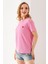 Kadın Bisiklet Yaka Kalp Nakışlı Bürümcük T-Shirt Pembe - 254427 2