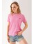 Kadın Bisiklet Yaka Kalp Nakışlı Bürümcük T-Shirt Pembe - 254427 3