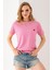 Kadın Bisiklet Yaka Kalp Nakışlı Bürümcük T-Shirt Pembe - 254427 5