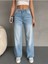 Kadın Yüksek Bel Soluk Efektli Vintage Palazzo Jeans 2