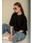 Kadın Siyah Oversize Bisiklet Yaka %100 Pamuk Düz Basic Yazlık T-Shirt 1